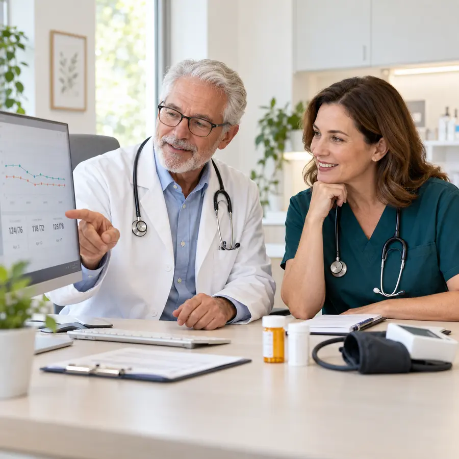 Illustrative primary care clinicians reviewing blood-pressure trends and medications