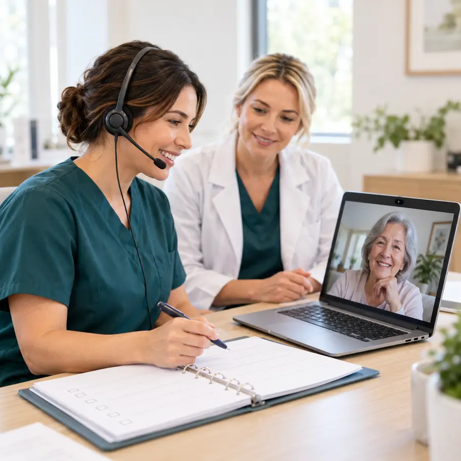 Illustrative care coordinator speaking with an older patient while reviewing a personalized care plan