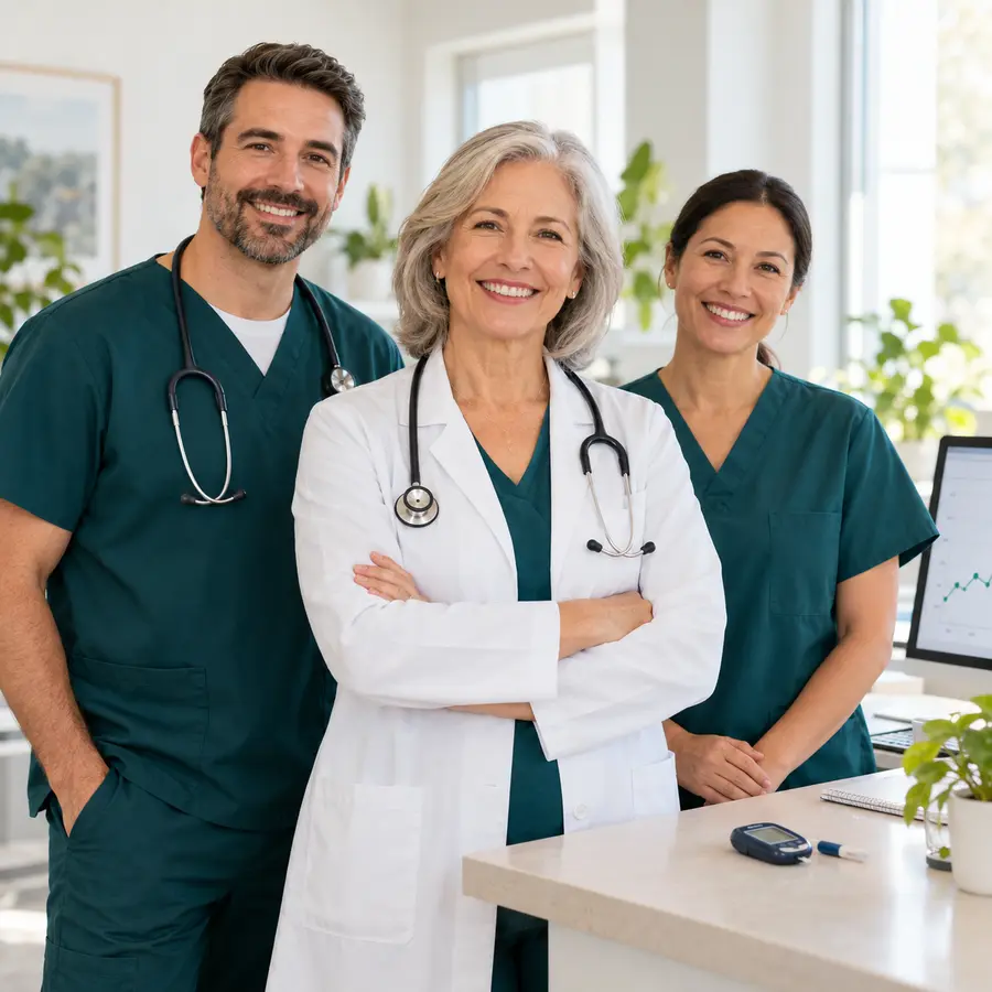 Illustrative diabetes care team beside a glucose meter and a trend display