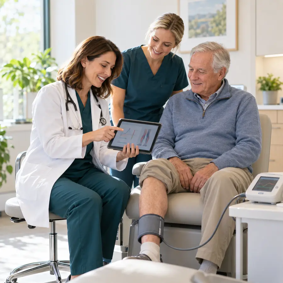 Illustrative clinician and nurse assisting an older patient with noninvasive circulation testing