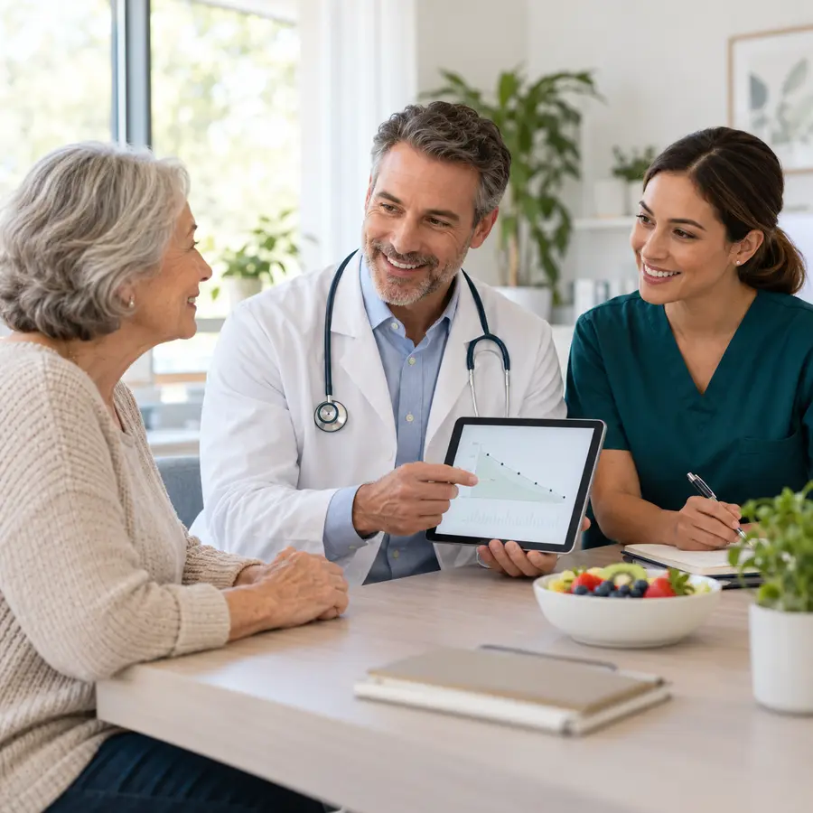 Illustrative metabolic-health care team discussing glucose trends and nutrition with an older patient