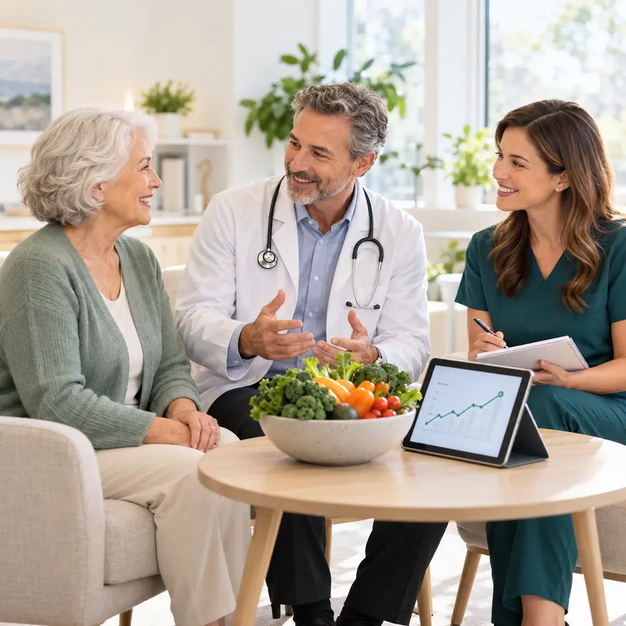 Illustrative physician and nutrition professional discussing a health plan with an older woman