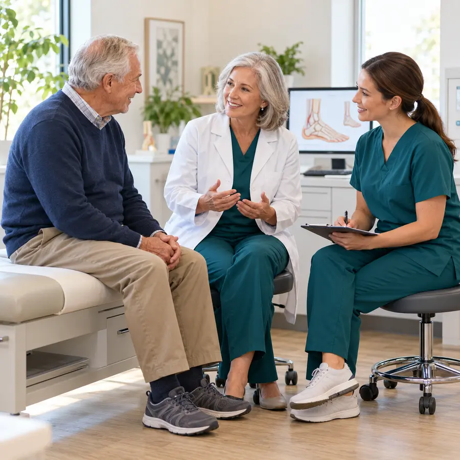 Illustrative clinician and nurse discussing foot and leg care with an older patient