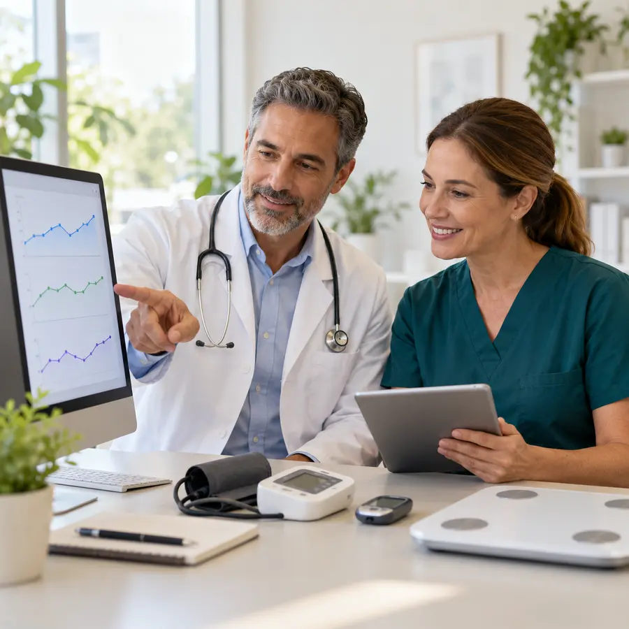 Illustrative care team reviewing readings from connected home-health devices