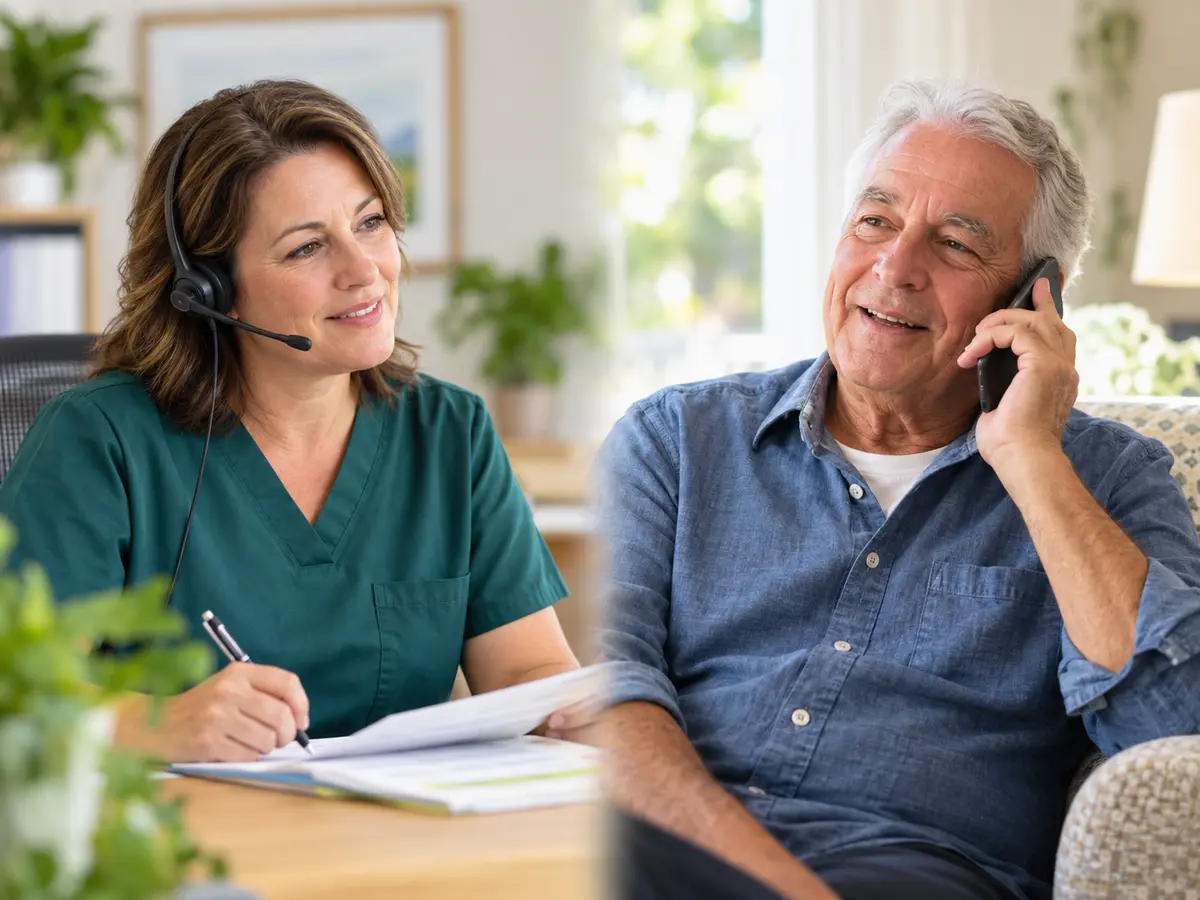 A nurse care coordinator speaking by phone with an older patient