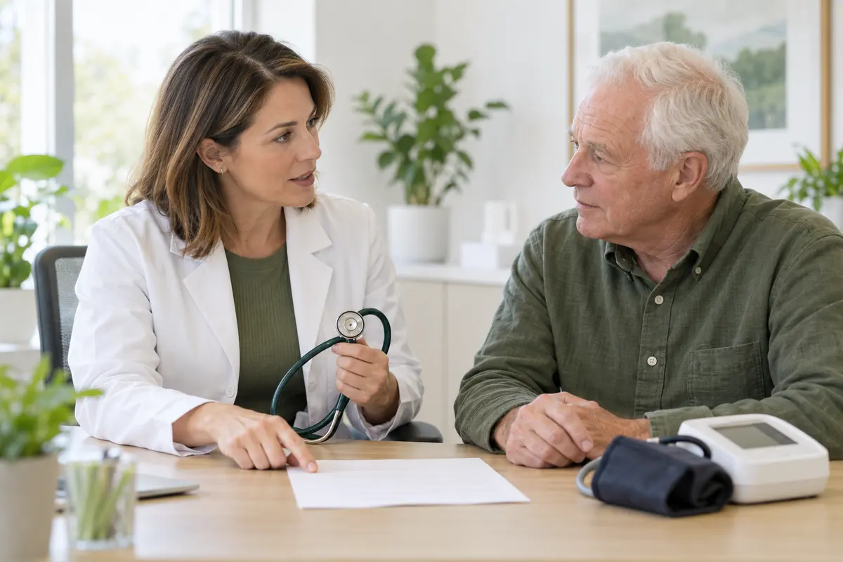 A primary care clinician discussing cardiovascular health with an older man