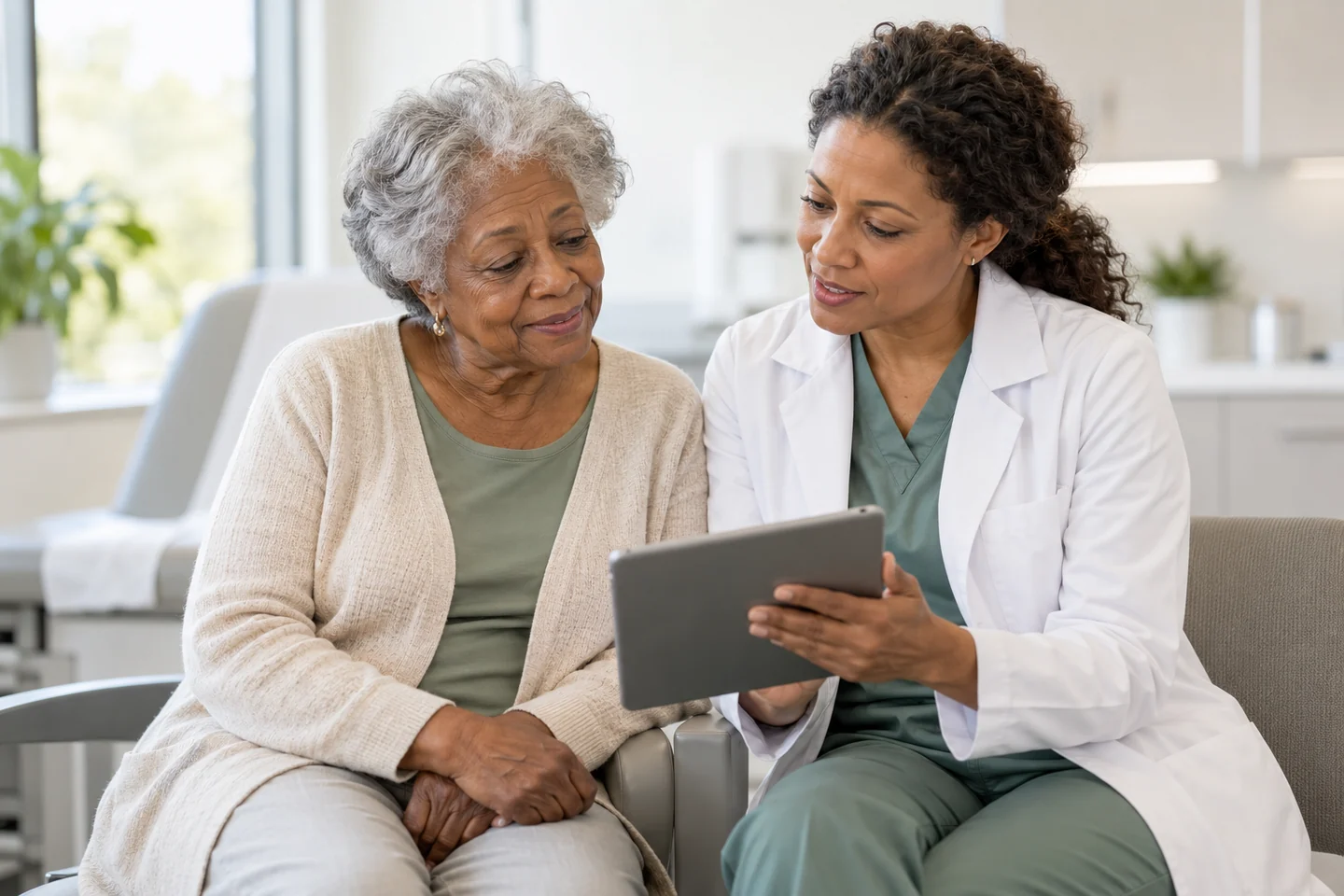 Illustrative scene of an older patient discussing her care with a clinician