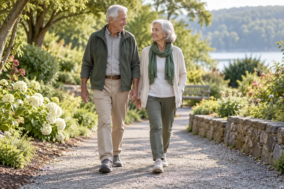 An older couple taking a relaxed walk together outdoors