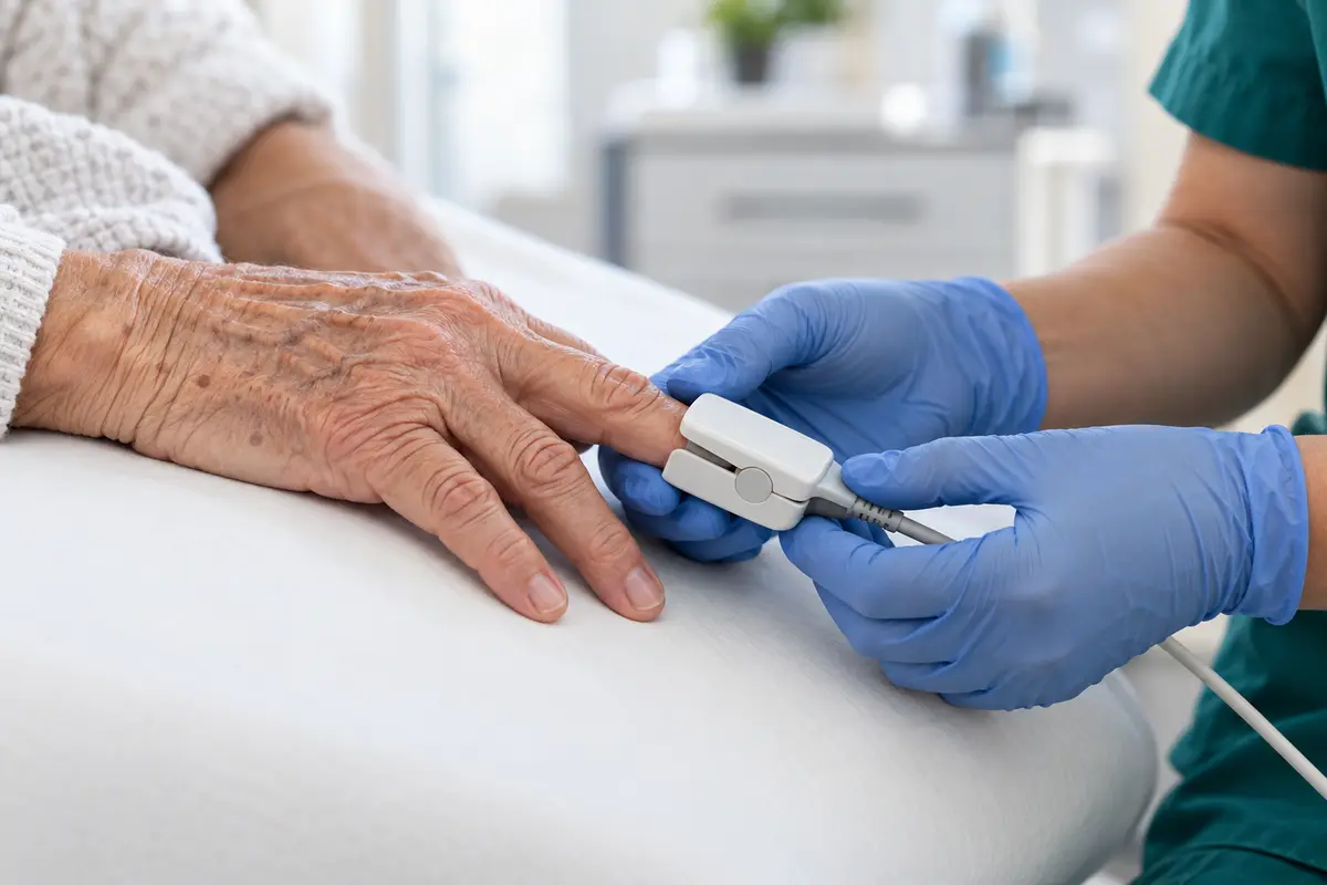 A clinician positioning a fingertip pulse sensor on an older patient’s hand