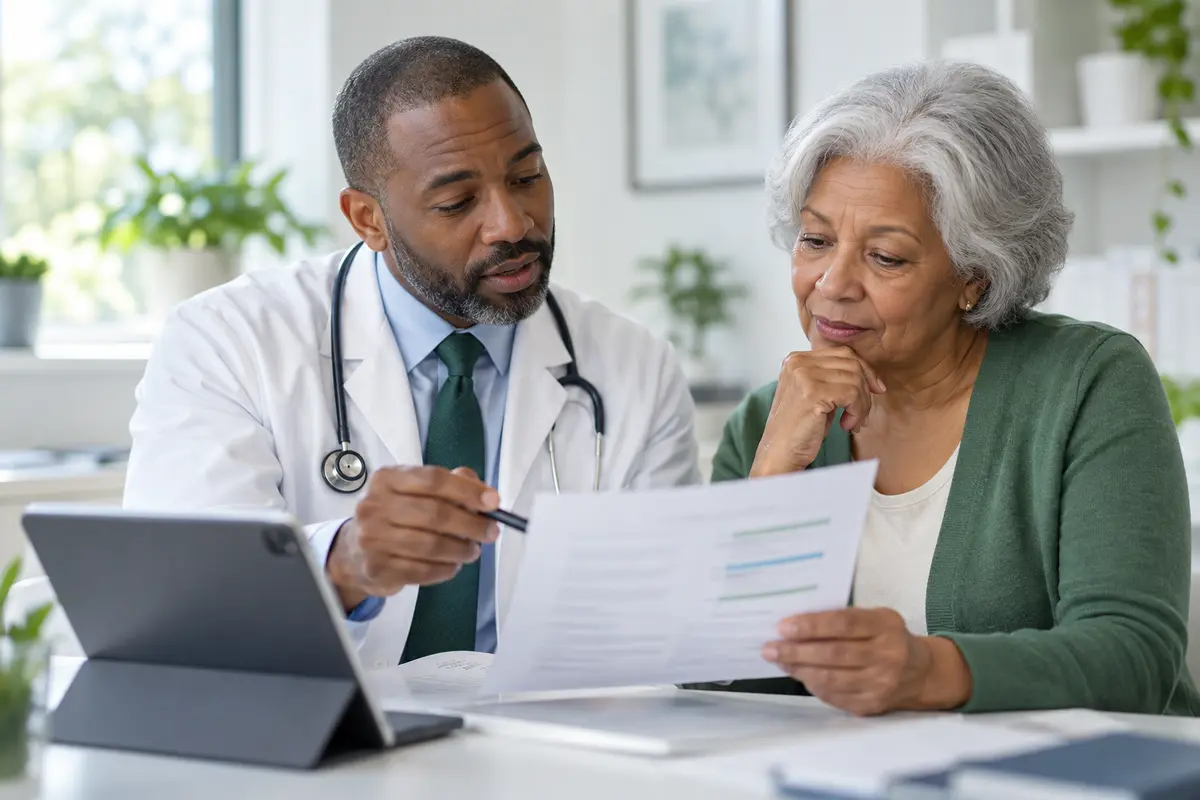 A clinician and an older woman reviewing health results together