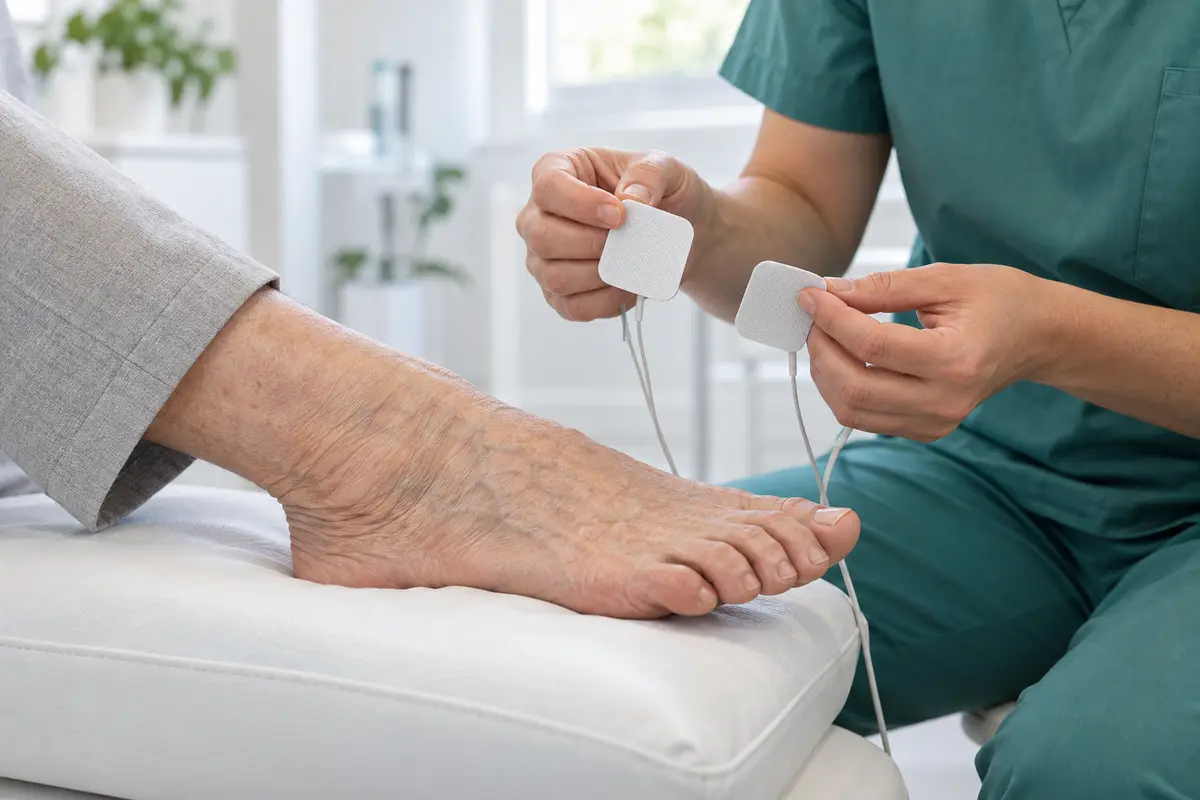 A clinician preparing skin electrodes beside an older patient’s foot