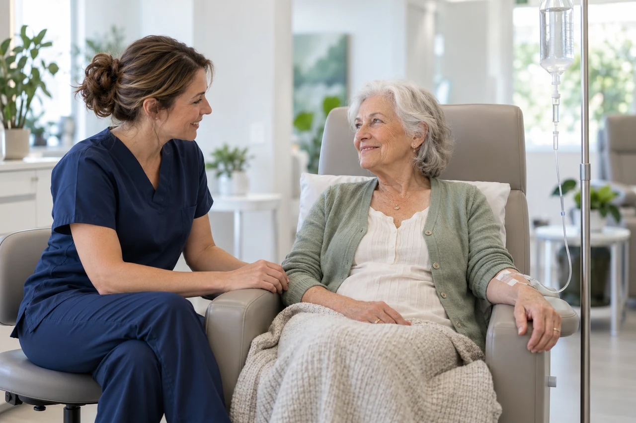 Illustrative scene of an older woman speaking with a nurse during a supervised infusion visit