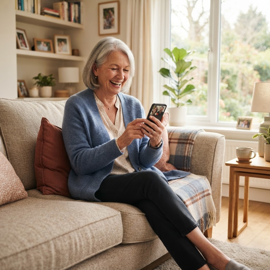 Smiling older woman looking at her smartphone at home