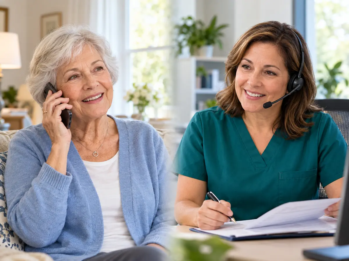 An older woman at home speaking by phone with a nurse care coordinator who is reviewing benefits paperwork