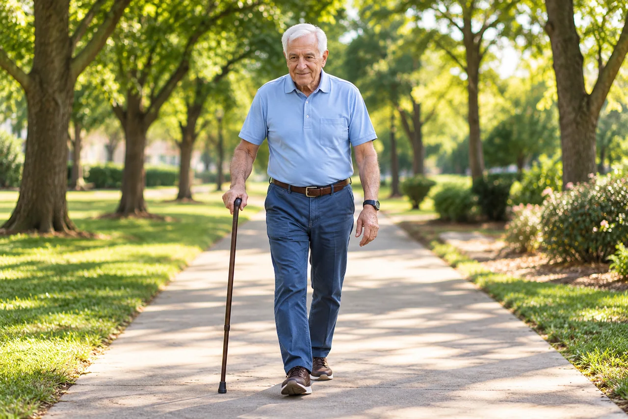An older man using a cane on a park path