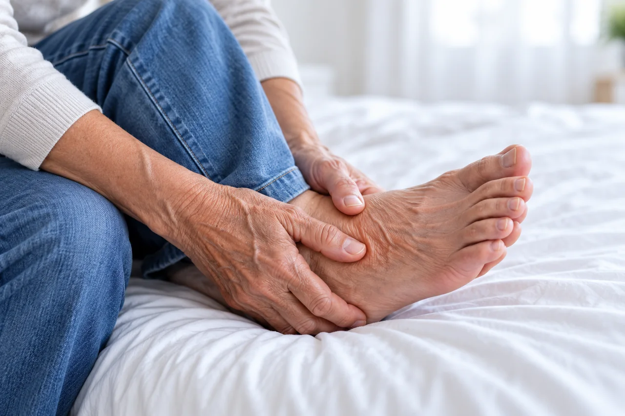 An older adult holding the top of their foot and ankle
