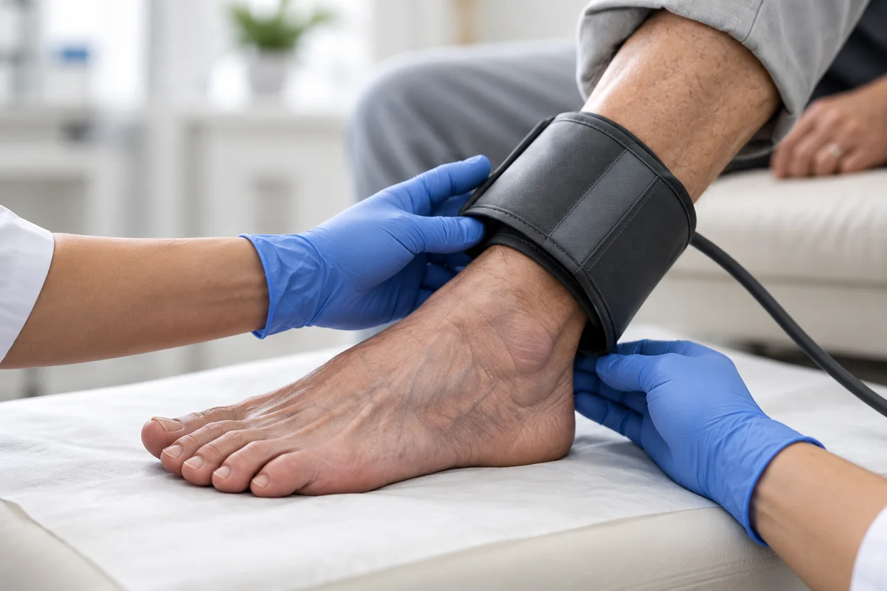 A clinician positioning a blood-pressure cuff above an older adult’s ankle