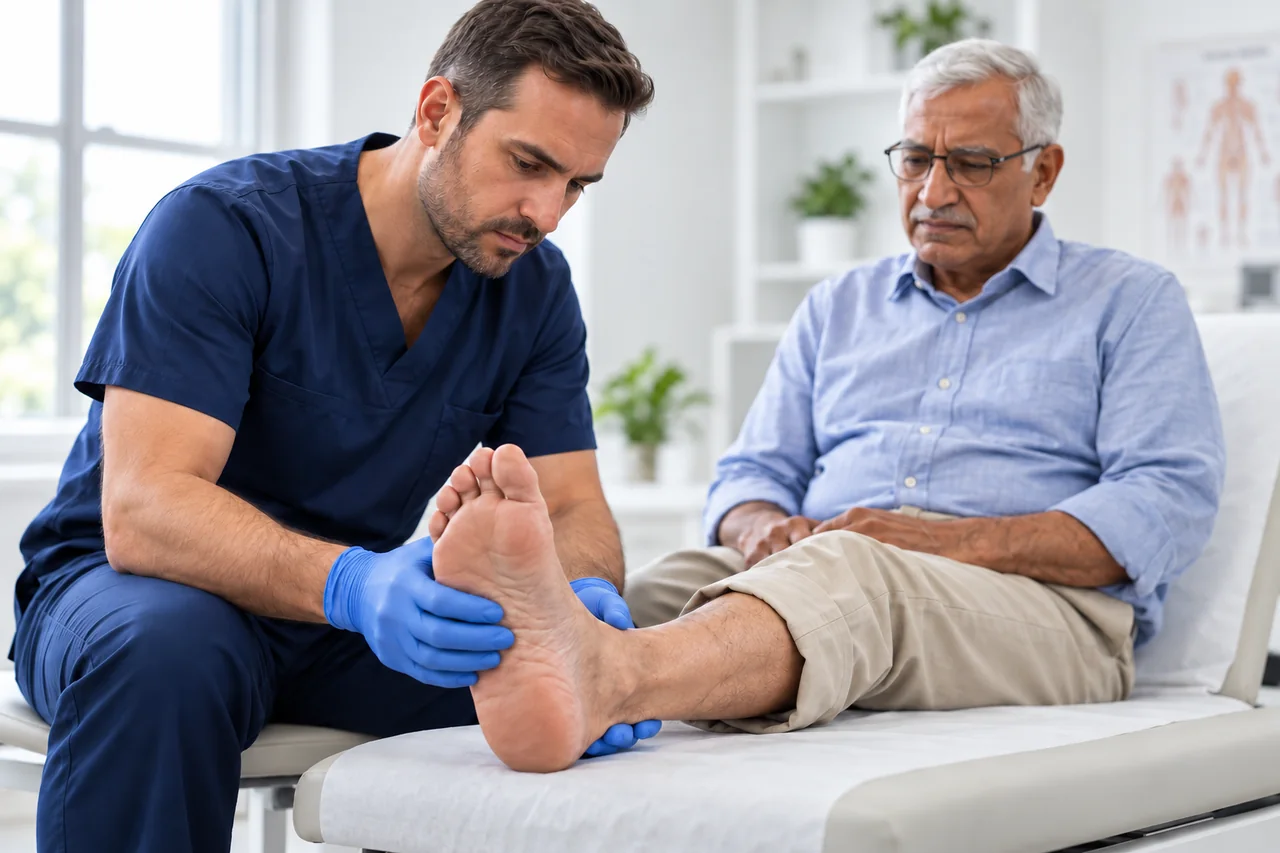 A clinician carefully examining an older patient’s foot