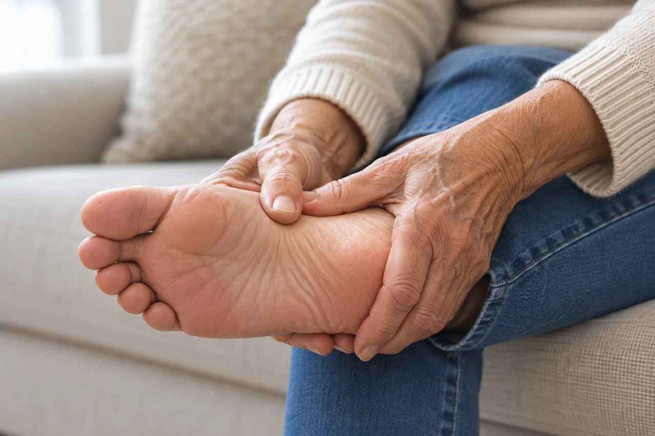 An older adult gently holding the sole of their foot