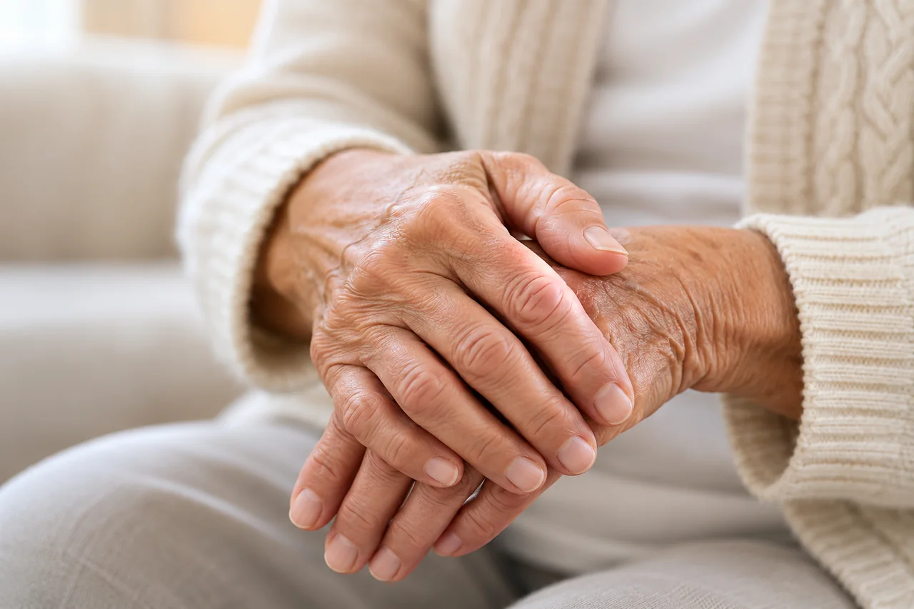 An older adult gently cradling a sensitive hand