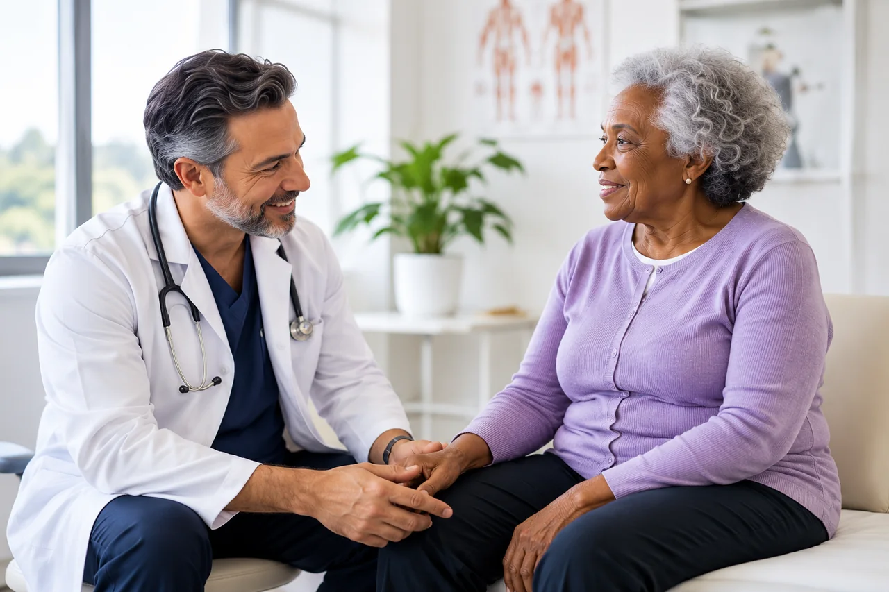 An older woman talking with a clinician about her symptoms and care goals