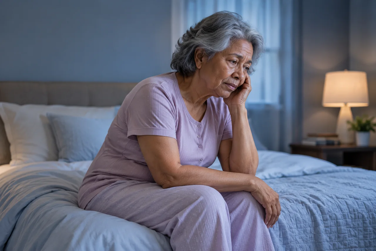 An older woman sitting awake on the edge of her bed