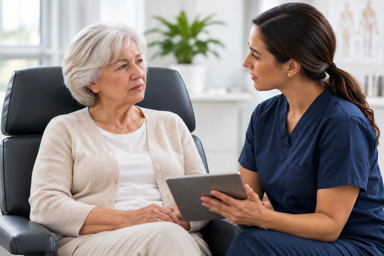 An older woman seriously discussing her symptoms with an attentive clinician