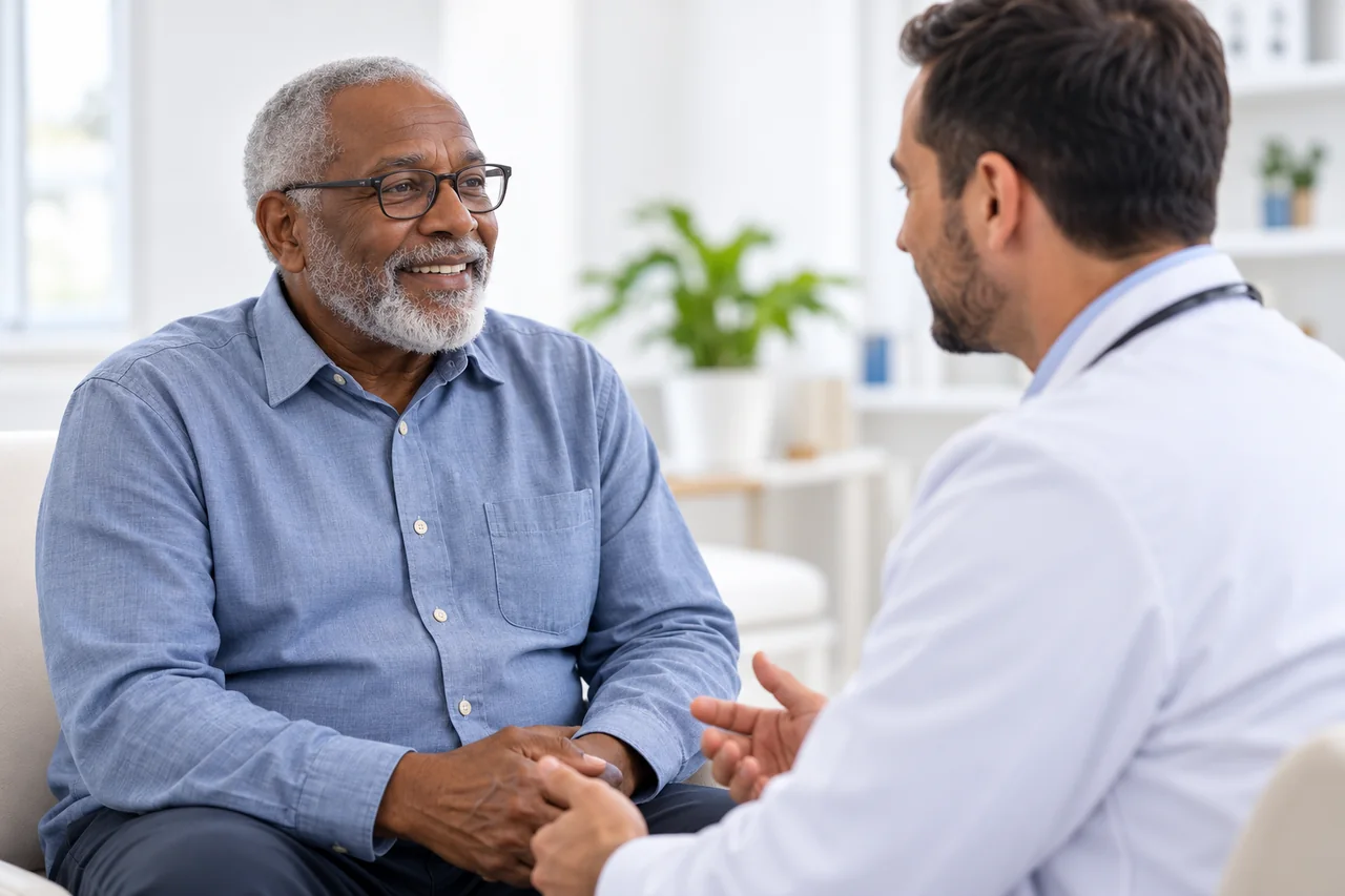 An older man discussing his symptoms with a clinician