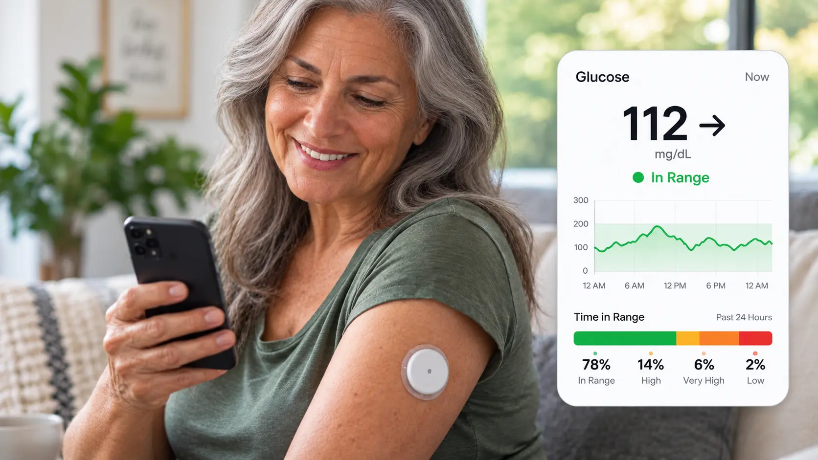 Illustration of an older woman with a CGM sensor reviewing glucose readings on her phone