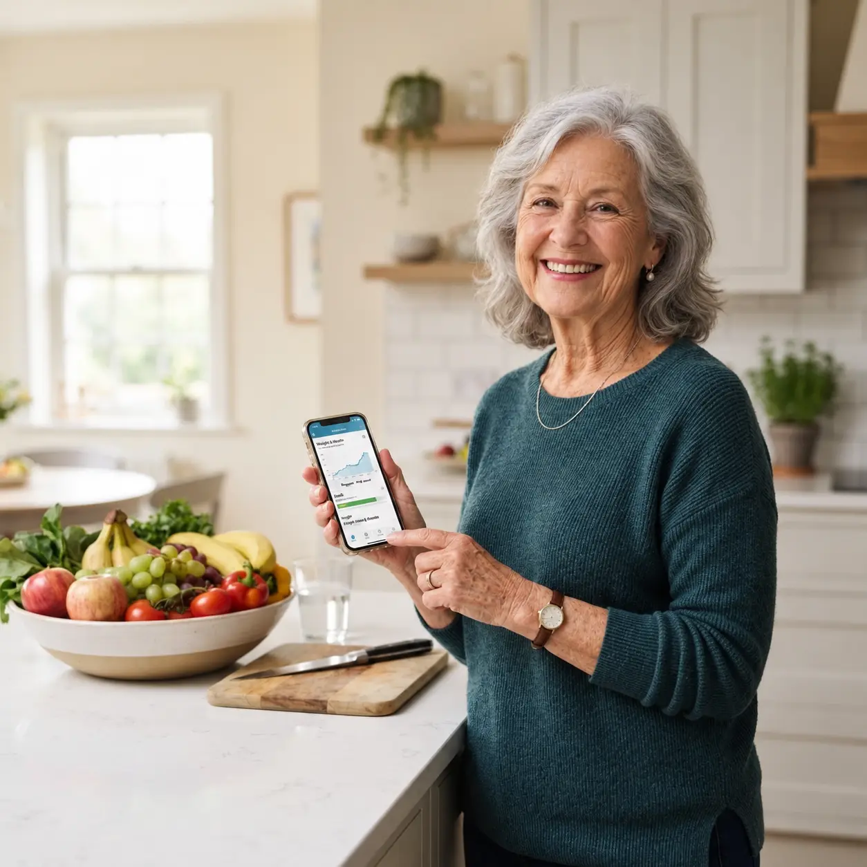 Older woman in her seventies in a bright kitchen with fresh produce and a health tracking app